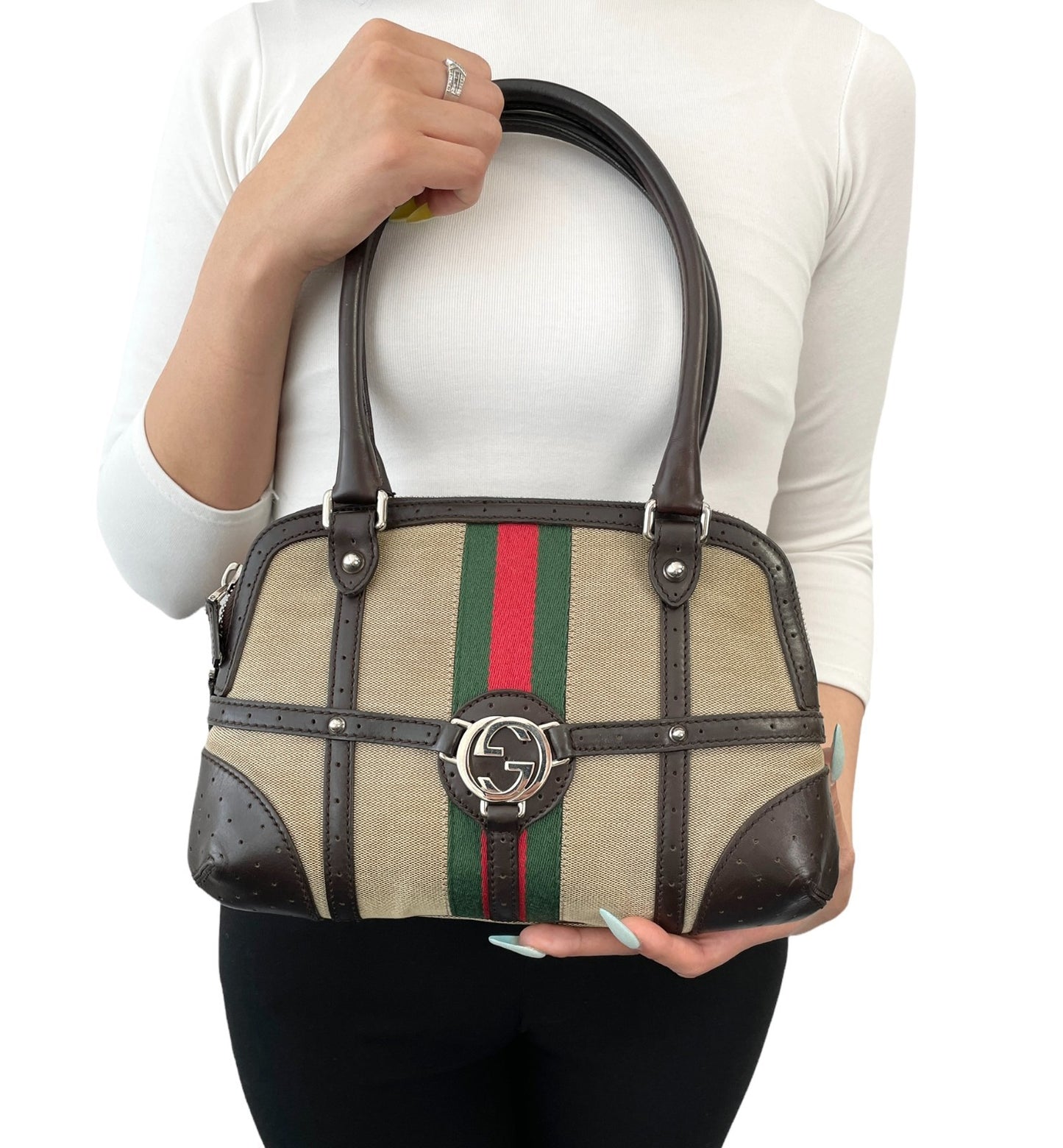GUCCI Vintage GG Interlocking Web Stripe Canvas Shoulder Bag Beige Brown 901803
