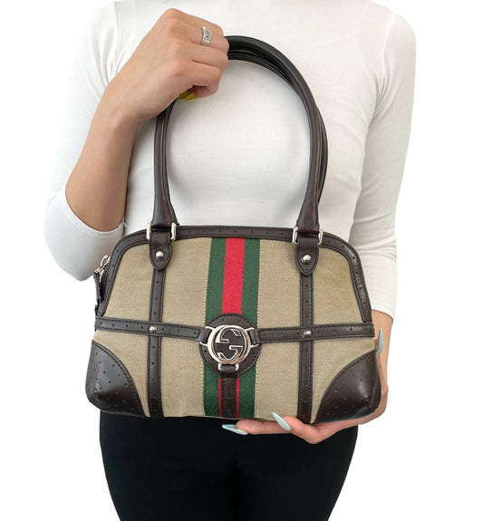 GUCCI Vintage GG Interlocking Web Stripe Canvas Shoulder Bag Beige Brown 901803