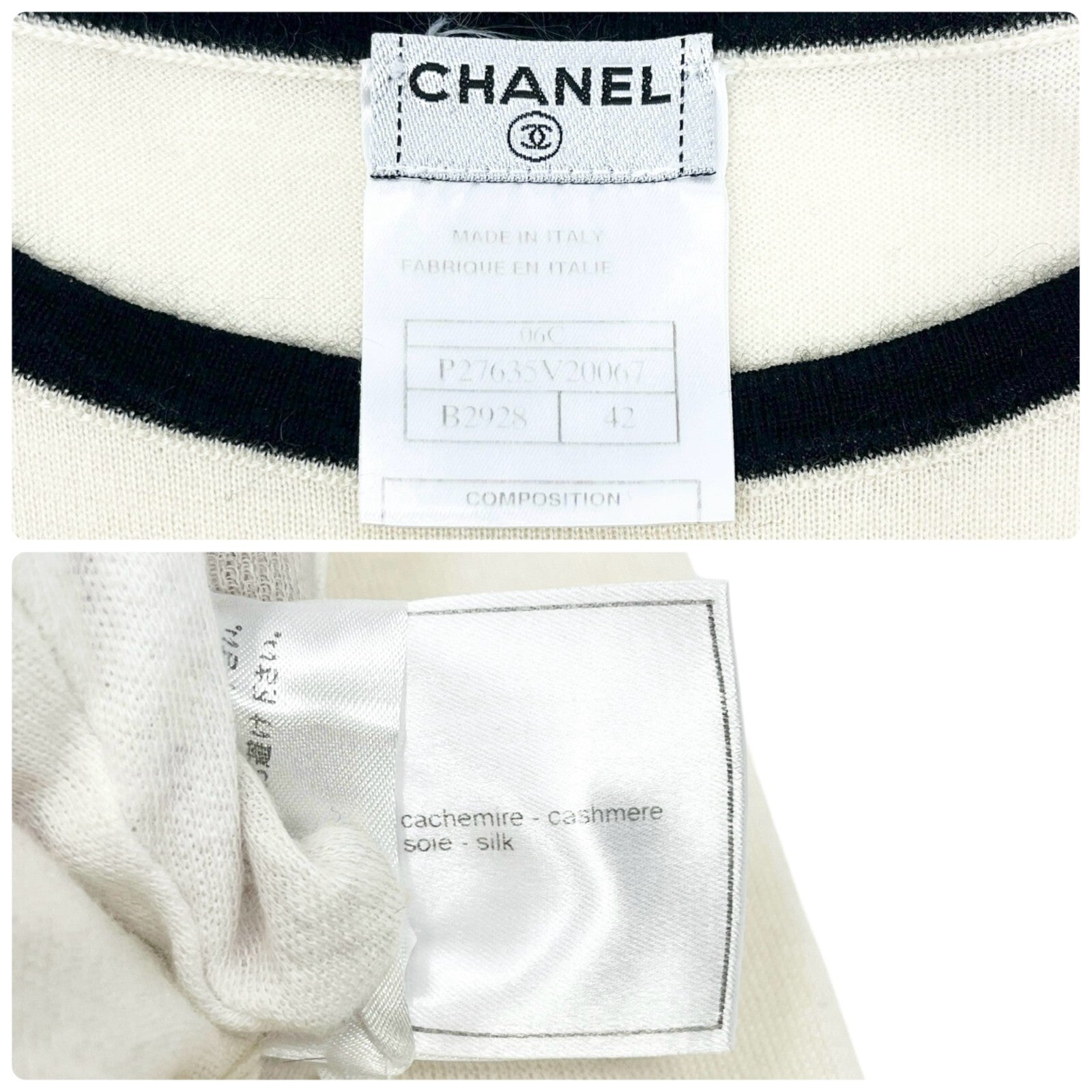 CHANEL Vintage 06C CC Mark Logo Knit Top #42 Pocket Pullover Cream Cashmere