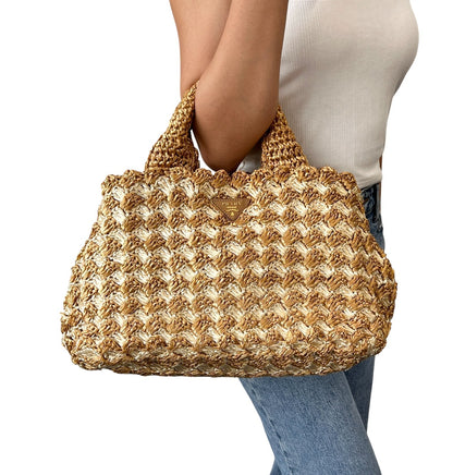 PRADA Vintage Triangle Logo Raffia Canapa Tote Bag Beige Cream Crochet 902066