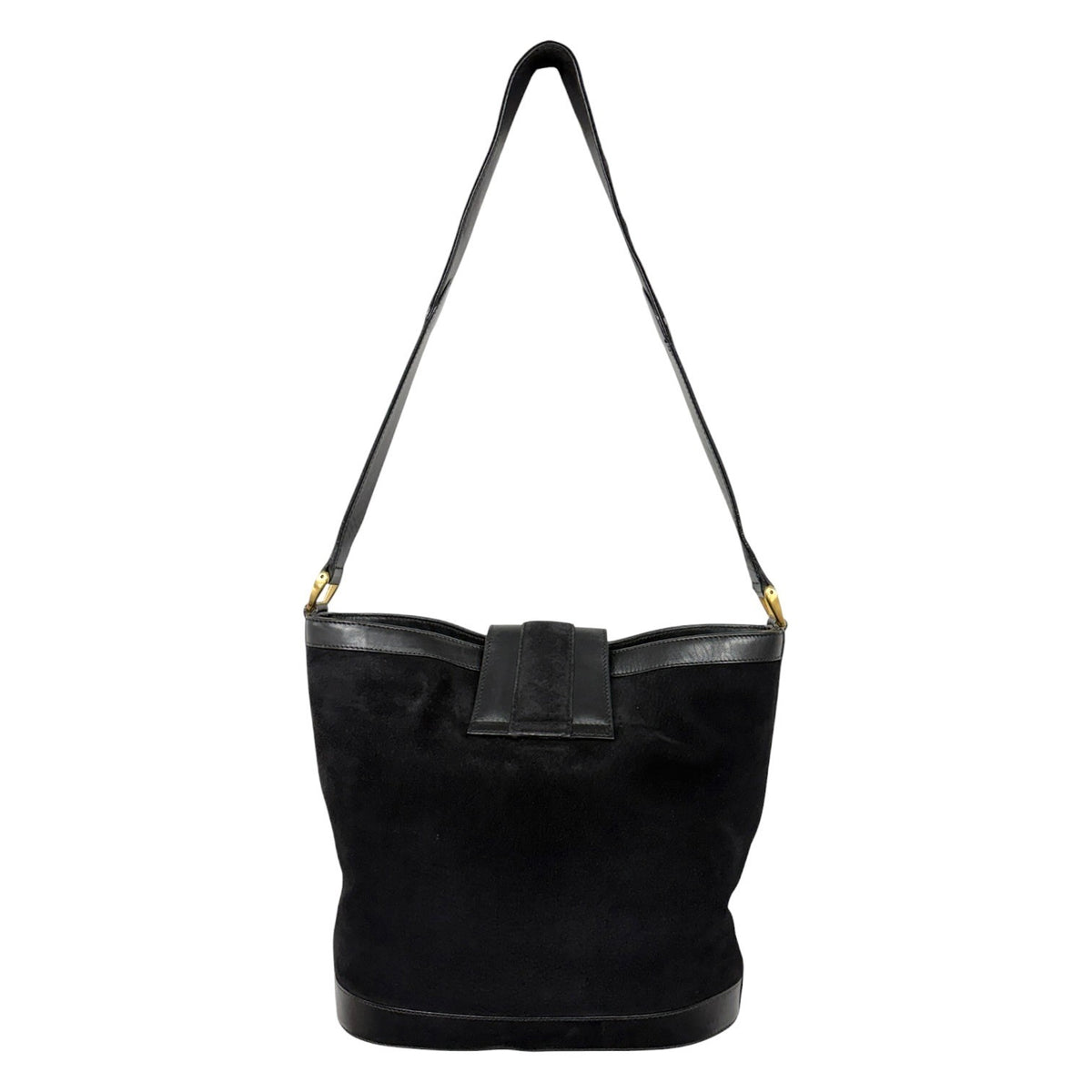 GUCCI Vintage Logo Horsebit Suede Bucket Shoulder Bag Black Gold 902395