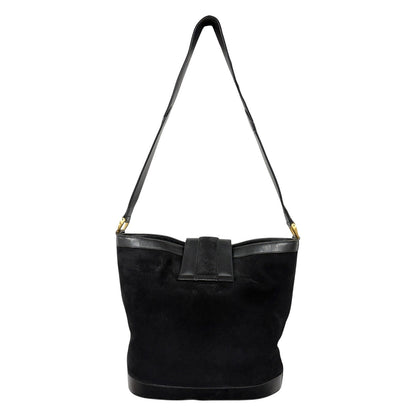 GUCCI Vintage Logo Horsebit Suede Bucket Shoulder Bag Black Gold 902395