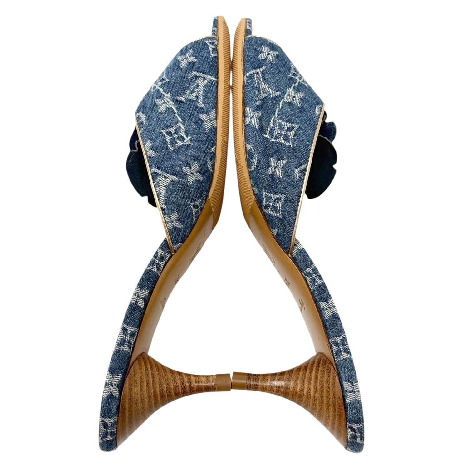 LOUIS VUITTON Vintage Monogram Denim Heels Sandals #36.5 Blue Gold Corsage