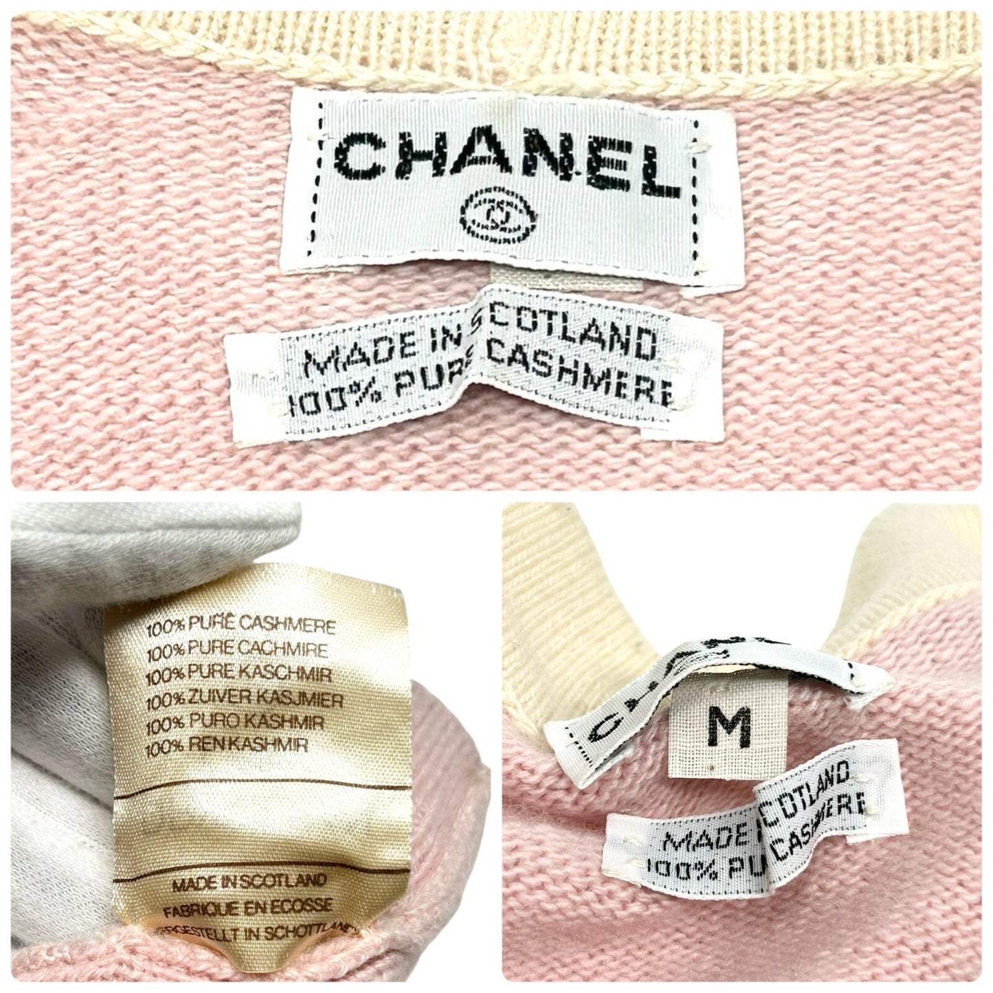 CHANEL Vintage CC Mark Logo Cardigan Pink Cream Cashmere Button Pockets Sweater