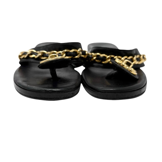 CHANEL Vintage Turnlock CC Logo Chain Sandals #37-37.5 Black Gold Leather 901814
