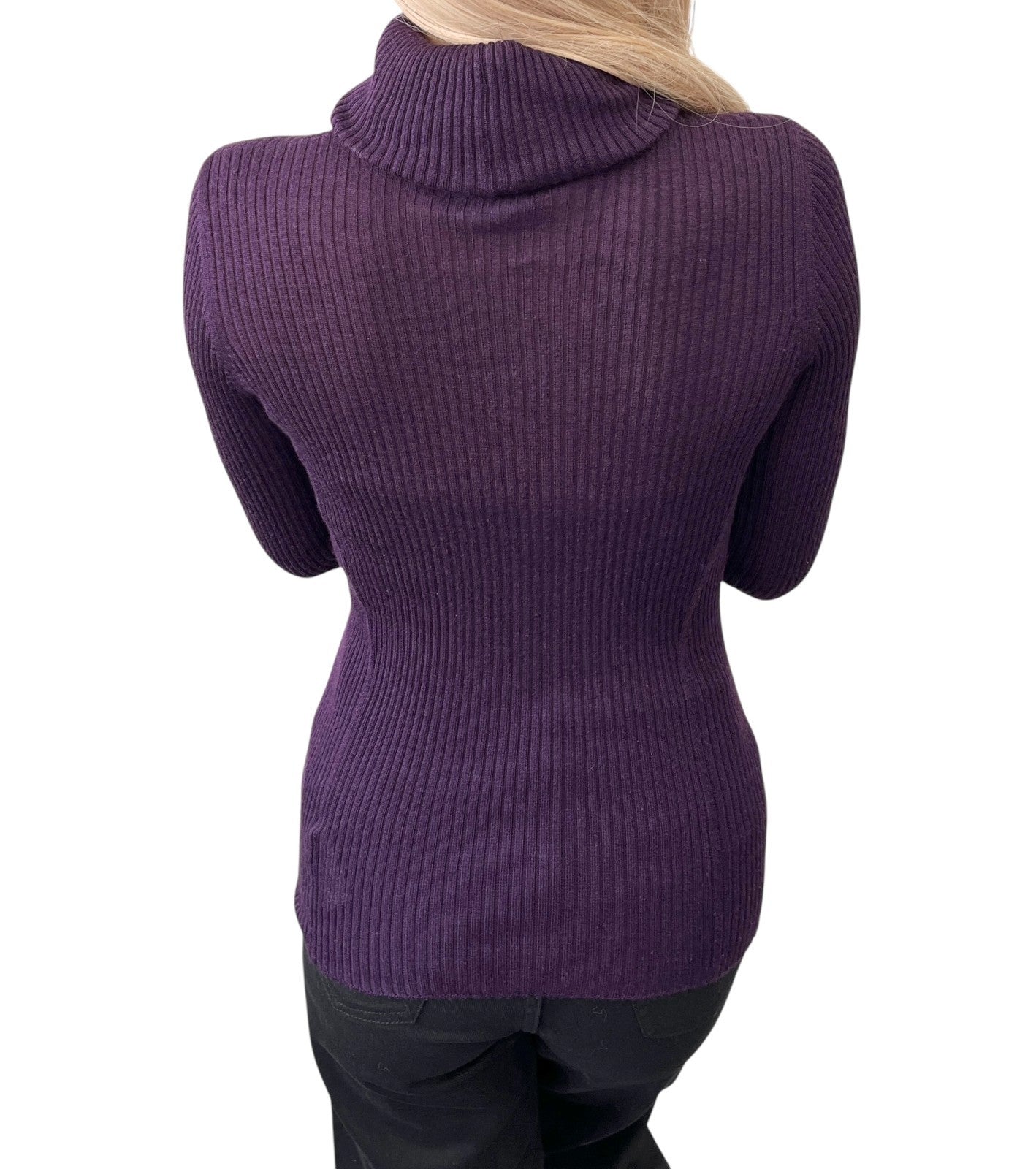 CHANEL Vintage 98A CC Logo Rib Knit Sweater Top #40 Turtleneck Purple Cashmere