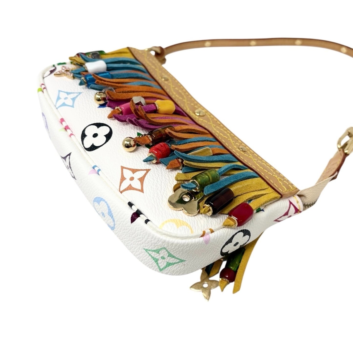 LOUIS VUITTON Vintage Monogram Multicolor Fringe Pochette Mini Bag White