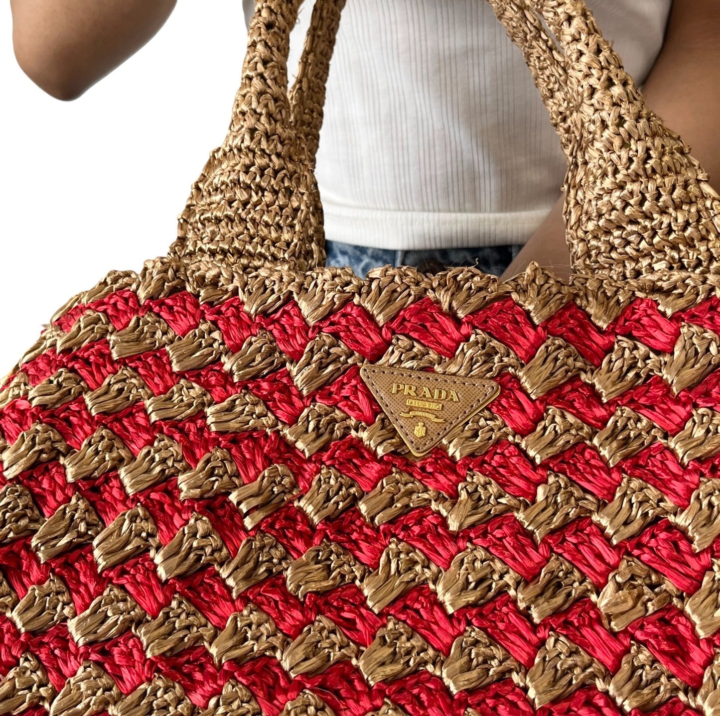 PRADA Vintage Triangle Logo Raffia Canapa Tote Bag Brown Red Crochet 902049