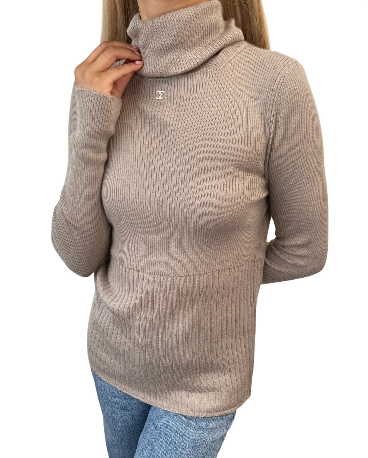 CHANEL Vintage 00A CC Logo Rib Knit Sweater Top #42 Beige Cashmere Silk 902082