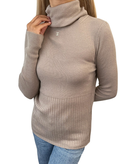 CHANEL Vintage 00A CC Logo Rib Knit Sweater Top #42 Beige Cashmere Silk 902082