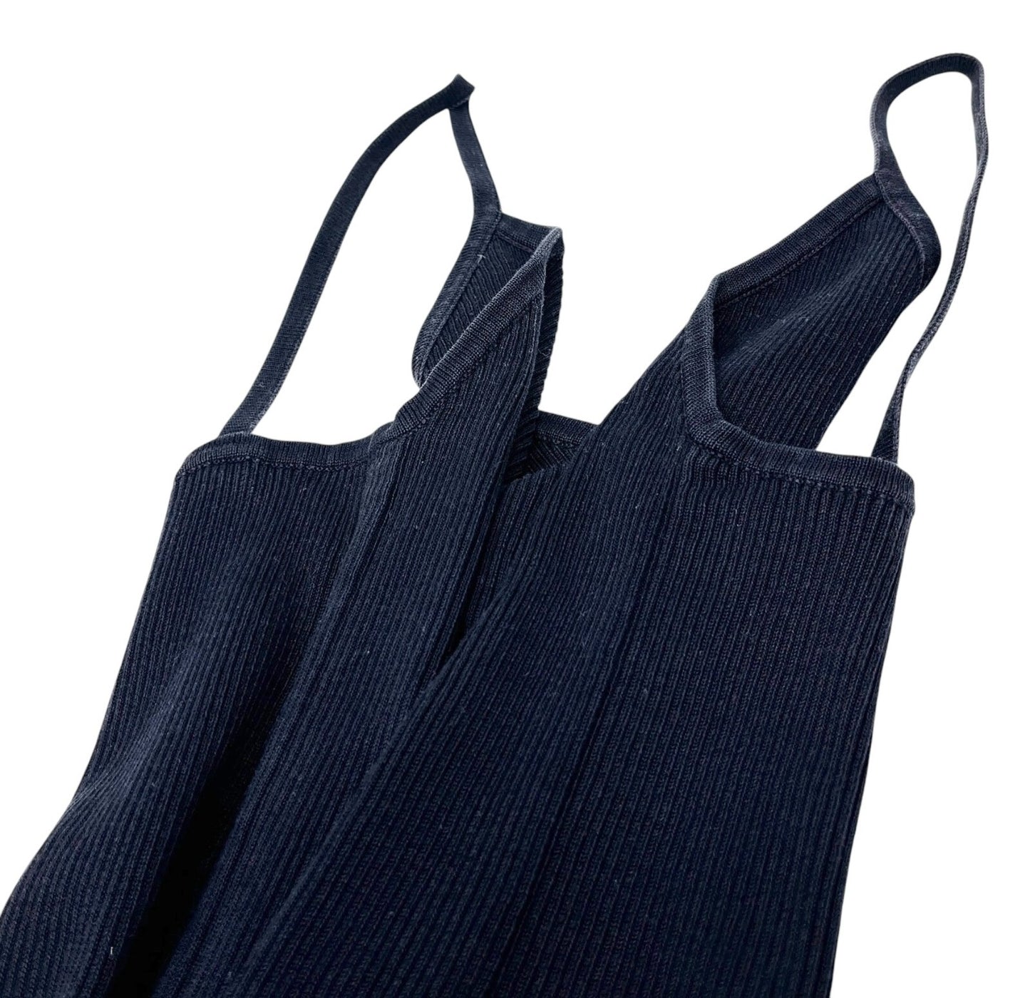 CHANEL Vintage CC Logo Camisole Top #40 Rib Knit Pullover Dark Blue Cotton