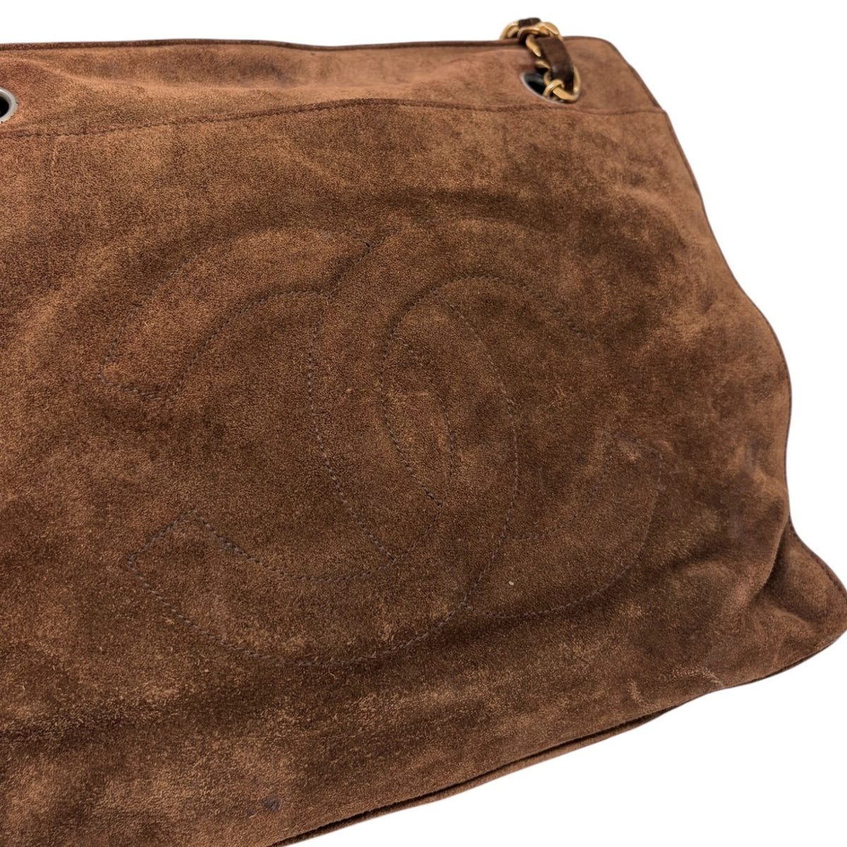 CHANEL Vintage CC Logo Suede Chain Tote Shoulder Bag Brown Gold 902488