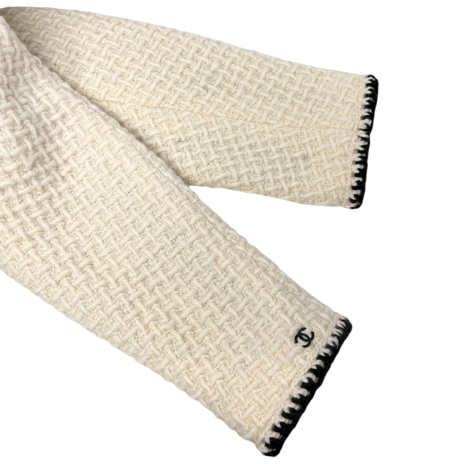 CHANEL Vintage 00A CC Logo Tweed Long Coat Fur Jacket #38 Zip Cream Black Wool