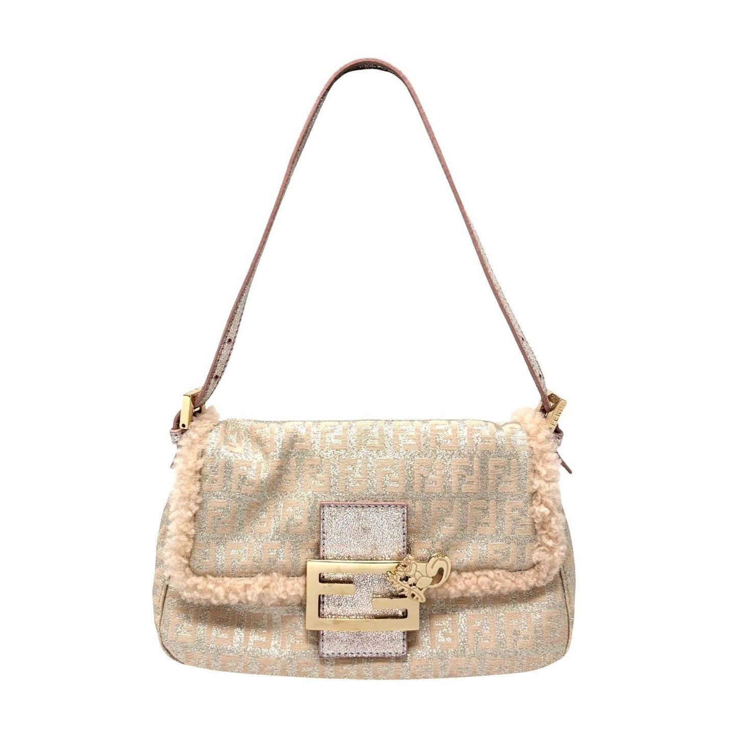 FENDI Vintage Zucchino Squirrel Mamma Baguette Canvas Shoulder Bag Pink 902043