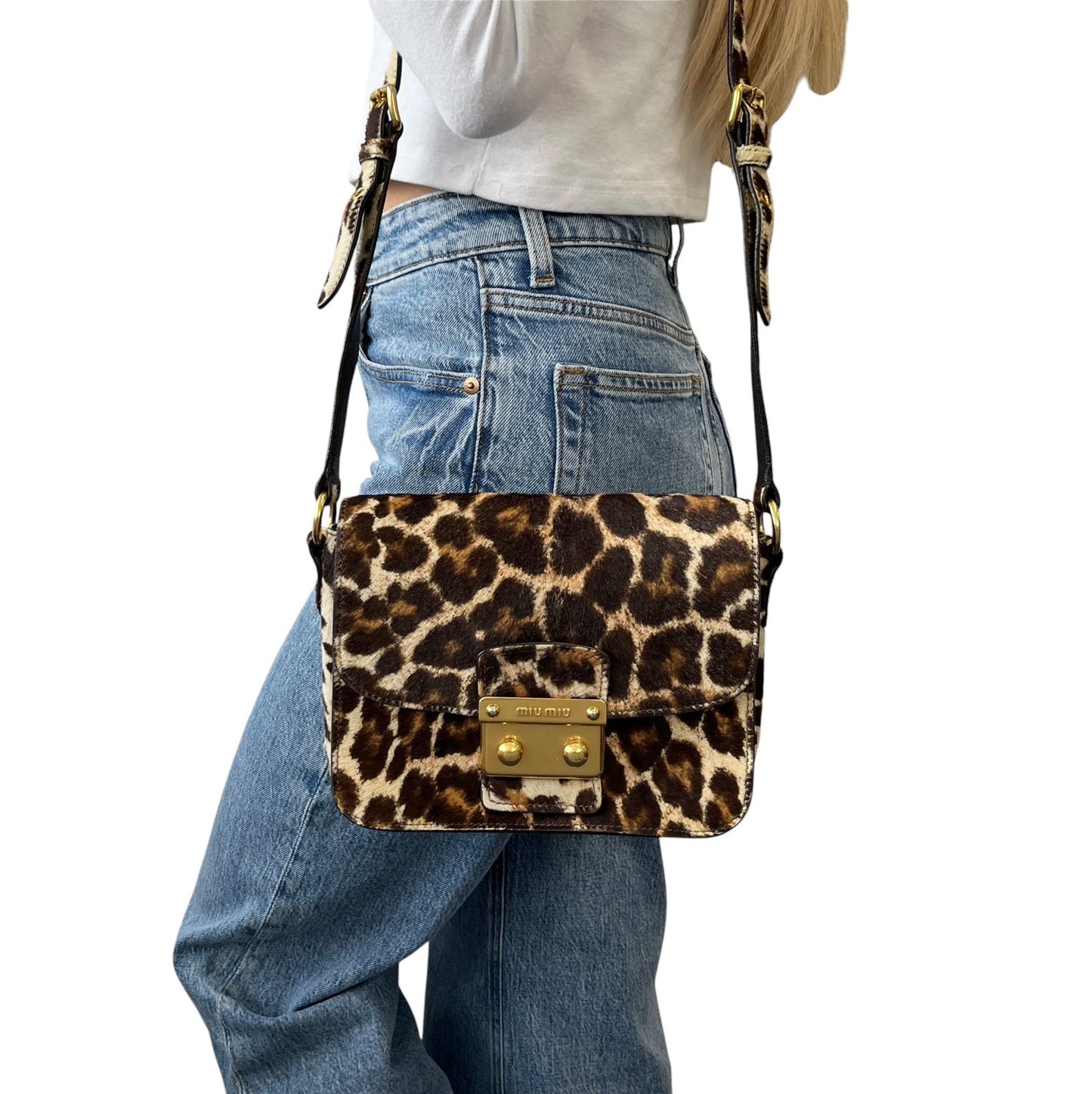 miumiu Vintage Leopard Pony Calf Hair Crossbody Bag Brown Gold Leather 902218