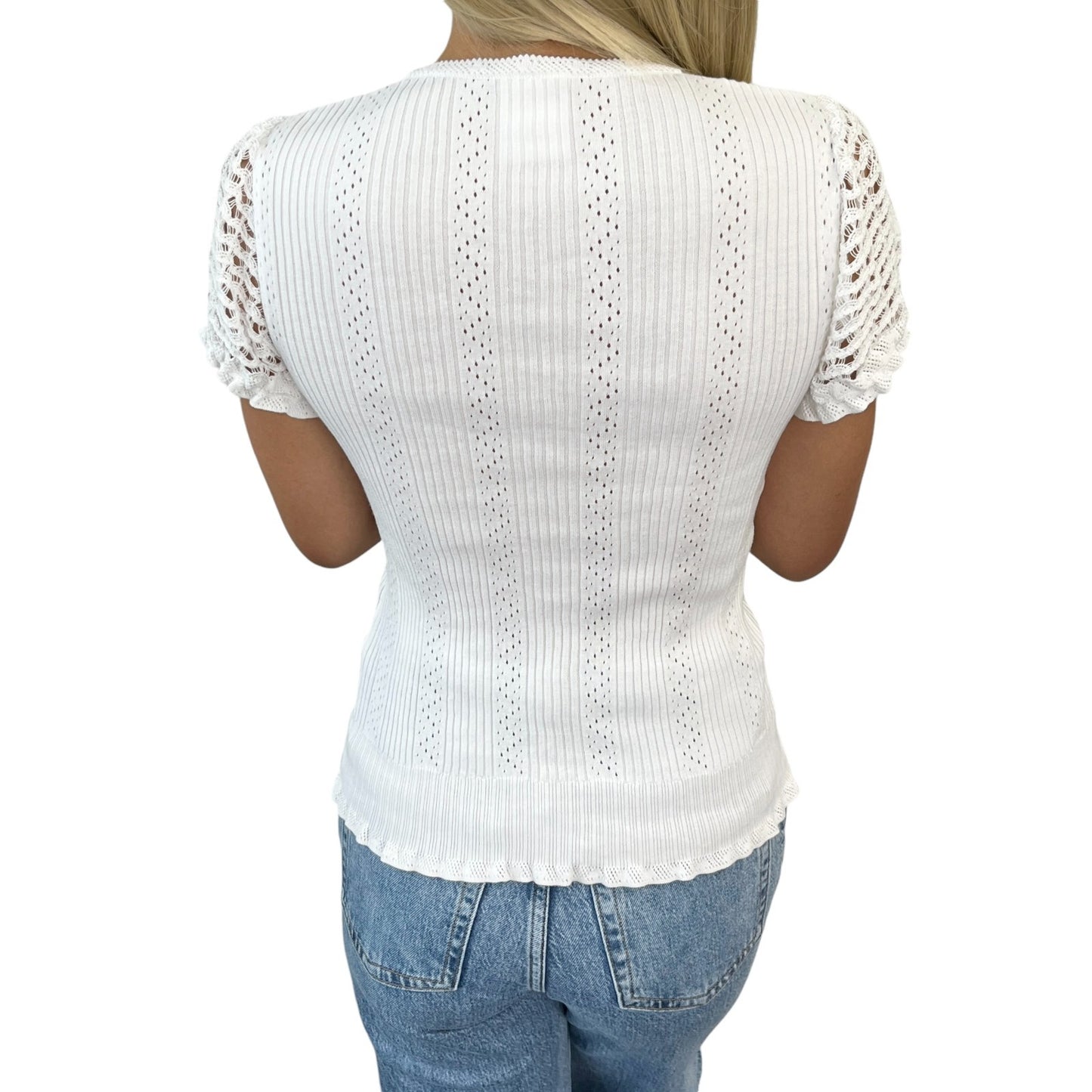 CHANEL Vintage 05C CC Logo Rib Lace T-shirt Top White Cotton Pockets 106999