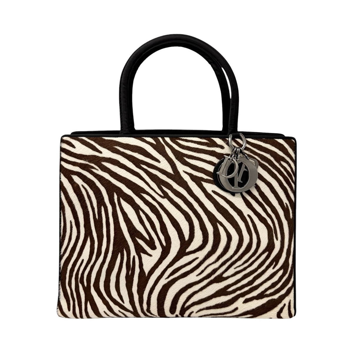 Christian Dior Vintage Logo Charm Zebra Pony Calf Hair Handbag Black 902383