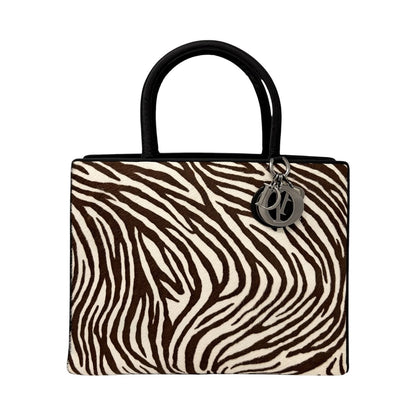 Christian Dior Vintage Logo Charm Zebra Pony Calf Hair Handbag Black 902383