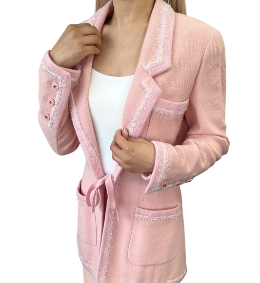 CHANEL Vintage 94A CC Logo Button Tweed Jacket Skirt Set #38 Wool Pink Fringe
