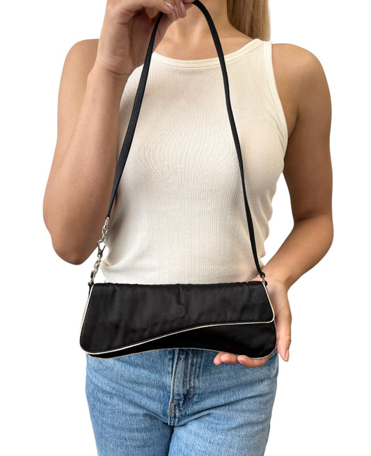 PRADA Vintage Triangle Logo Tessuto Satin Mini Bag Pochette Black 902591