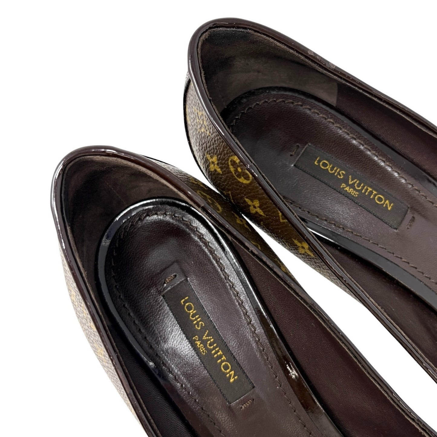 LOUIS VUITTON Vintage Monogram Ribbon Sandals Heels #37.5 Brown Leather 902013