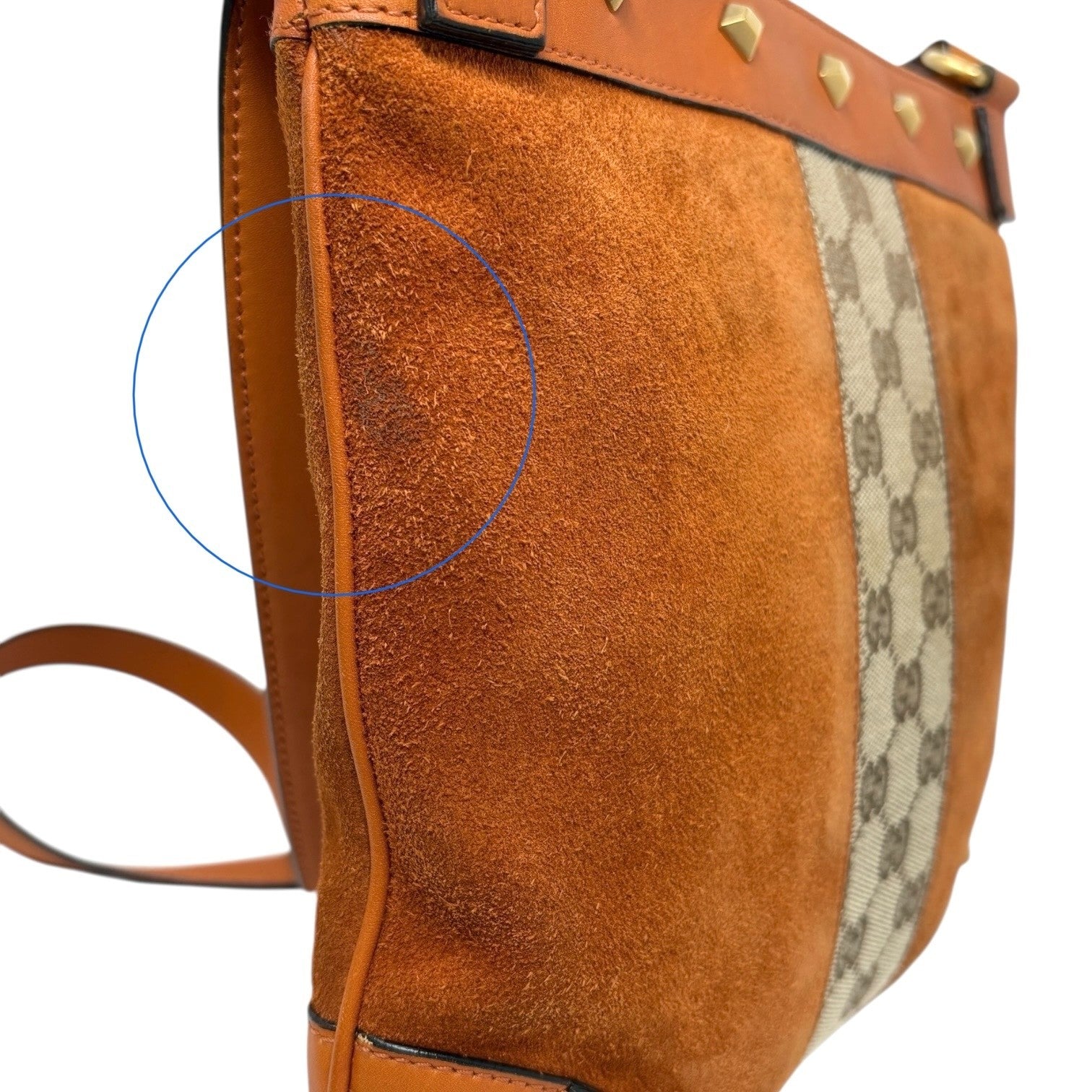 GUCCI Vintage GG Monogram Crossbody Bag Orange Suede Canvas Leather Nailhead