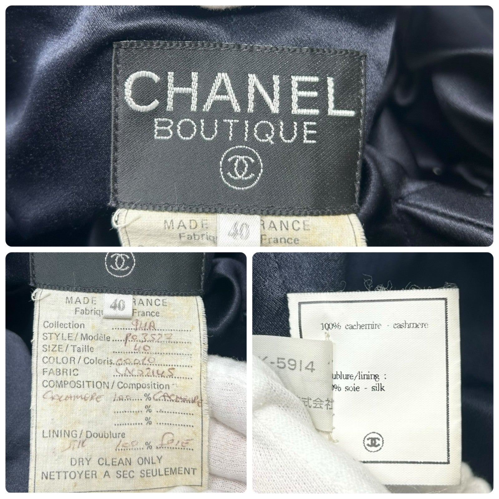 CHANEL Vintage 94A CC Logo Long Coat Button Jacket #40 Dark Blue Gold Cashmere