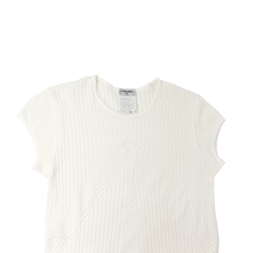 CHANEL Vintage 04P CC Mark Logo Knit T-shirt Top Rib Short Sleeve White Cotton
