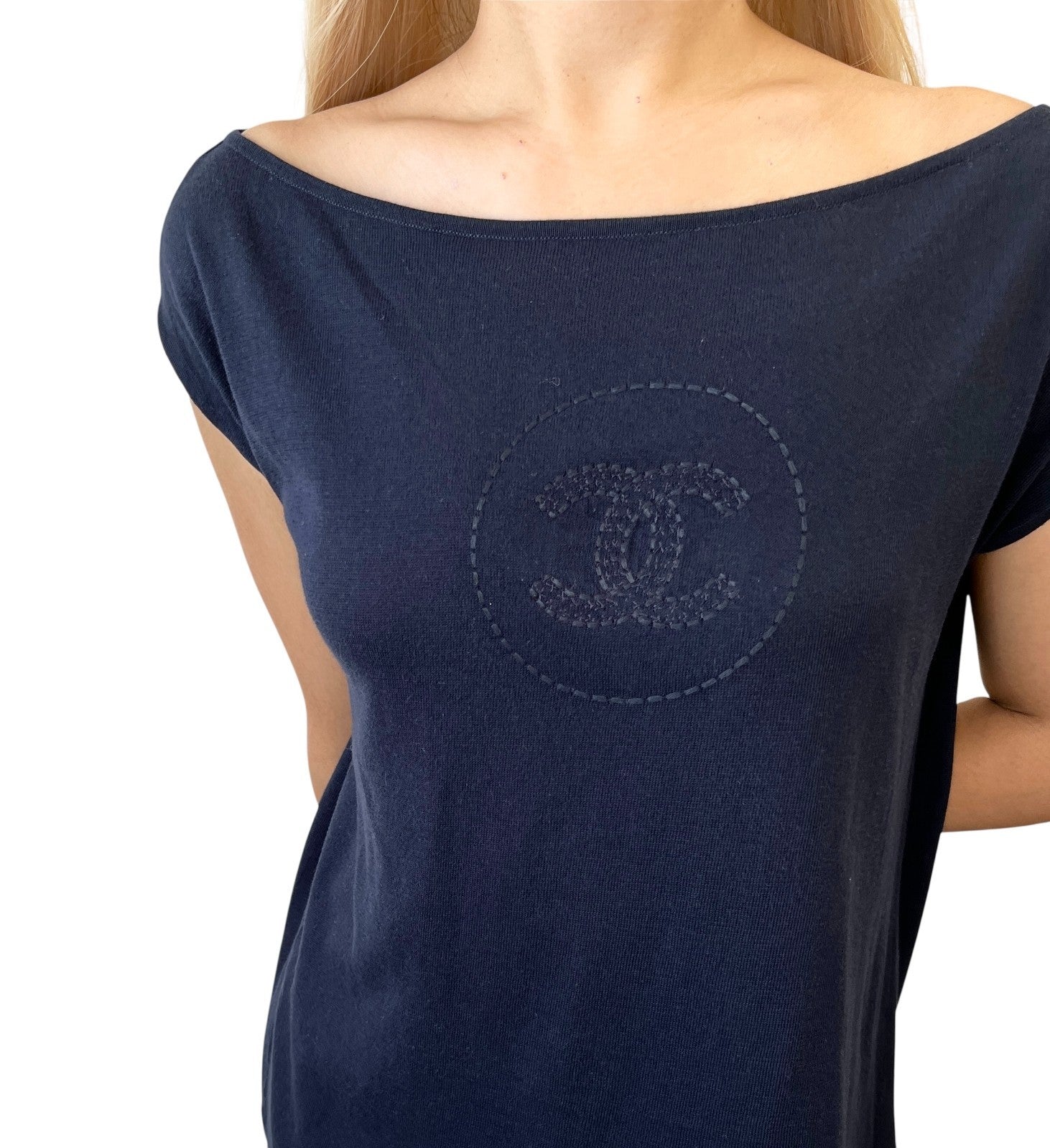 CHANEL Vintage 07P CC Mark Logo Summer Knit Top #36 Sleeveless Stitch Dark Blue