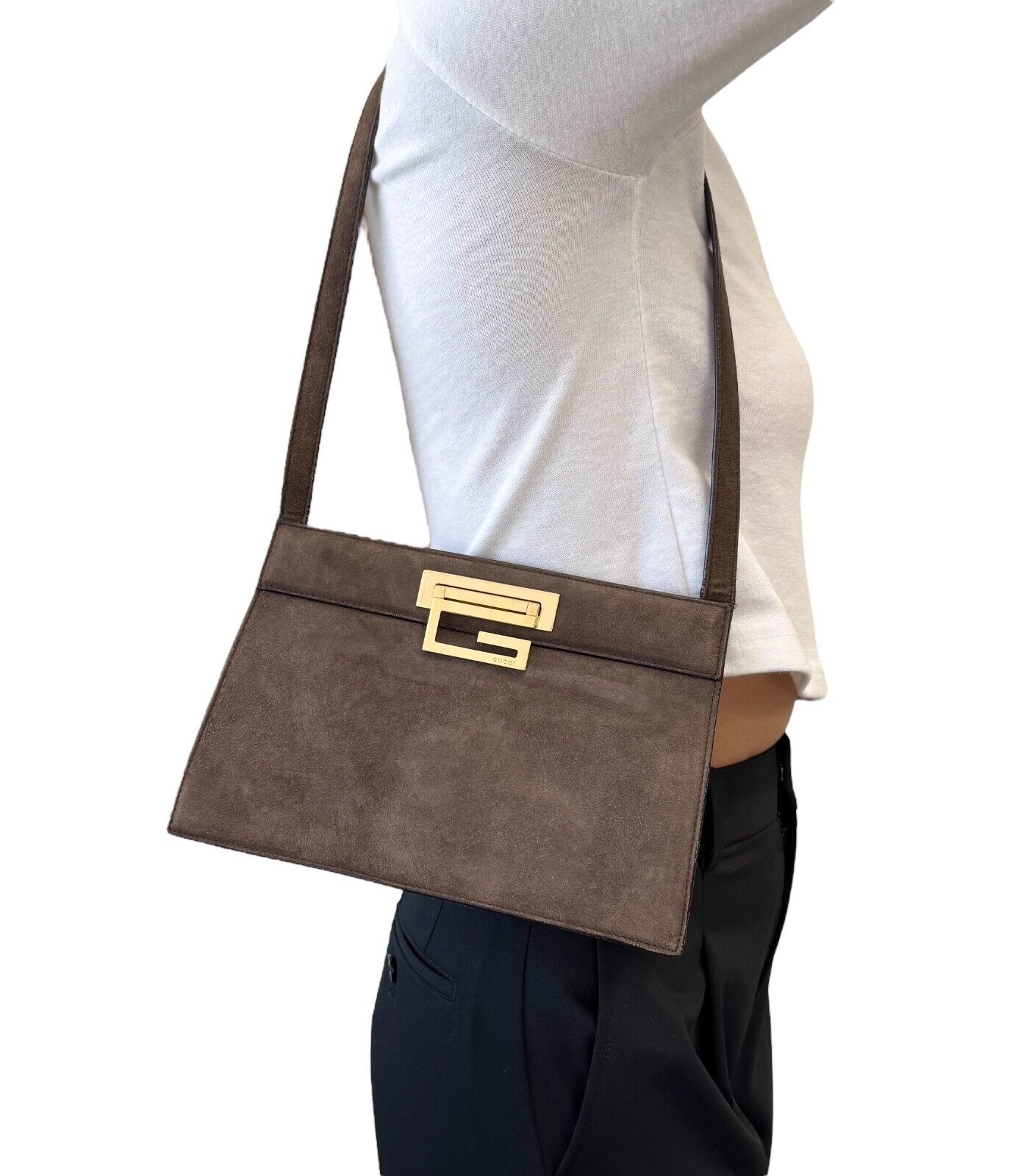 GUCCI Vintage G Square Logo Small Shoulder Bag Brown Gold Suede Leather
