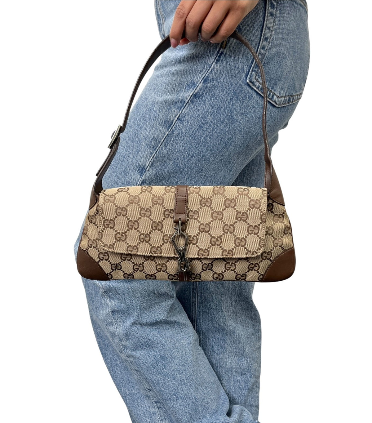 GUCCI Vintage GG Monogram Jackie Shoulder Bag Beige Canvas Leather 902329