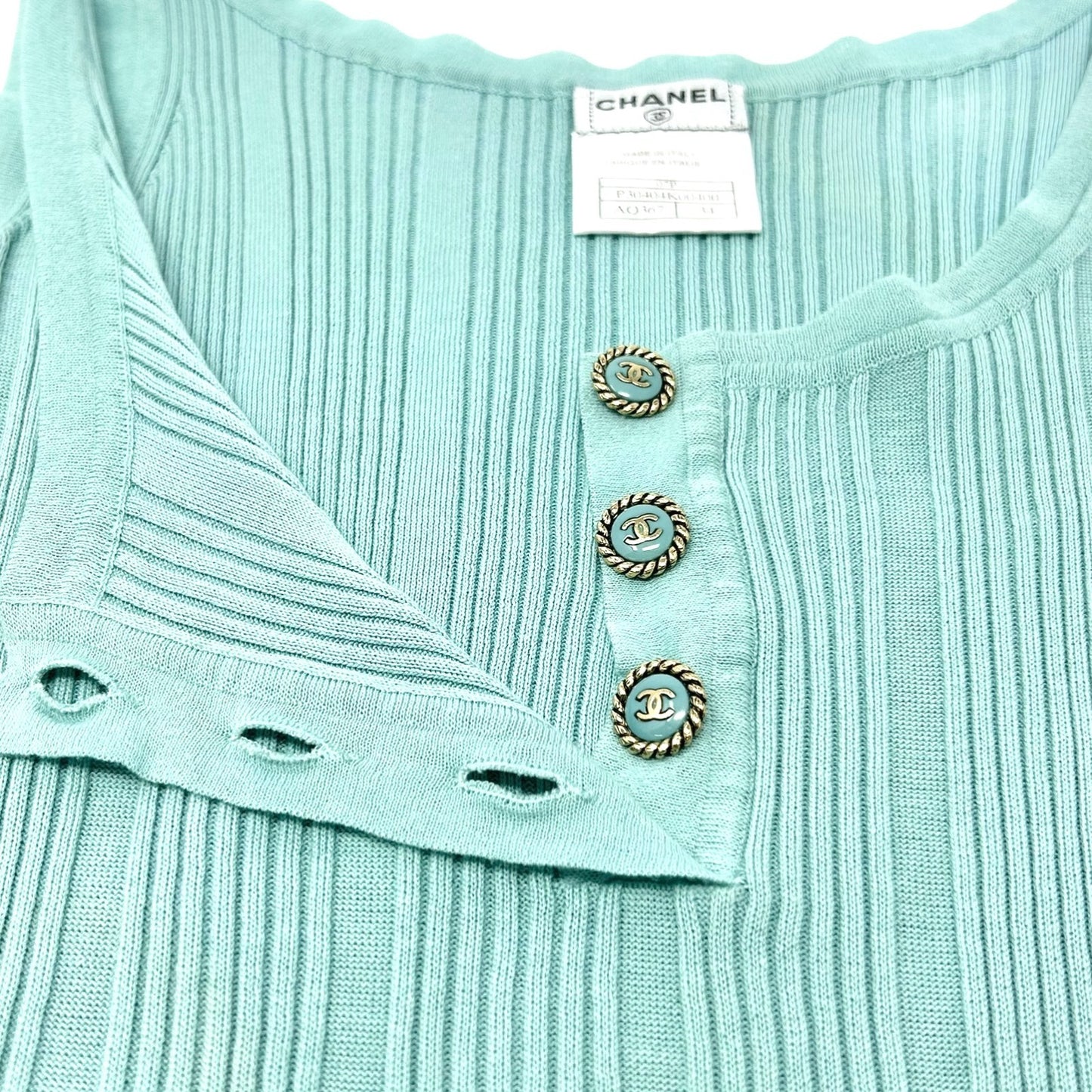 CHANEL Vintage 07P CC Mark Logo Rib Knit Tank Top #34 Turquoise Blue Cotton