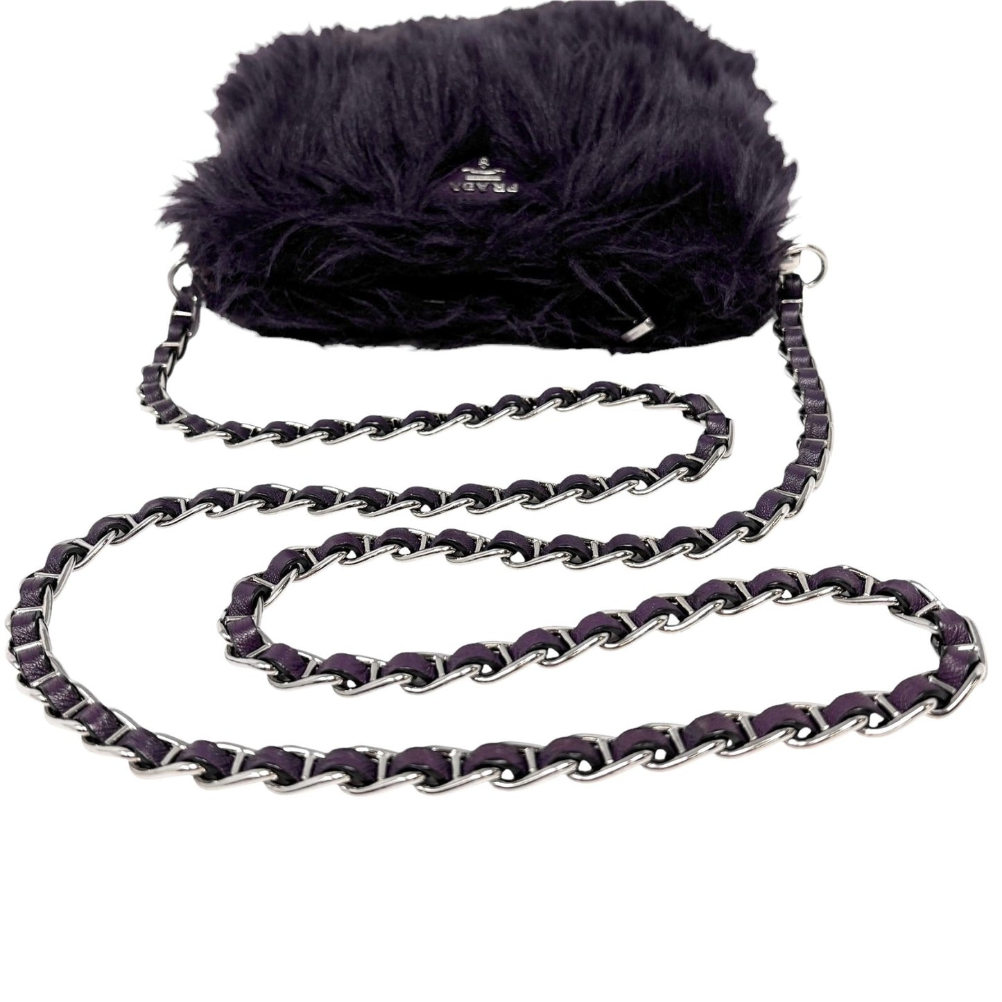 PRADA Vintage Logo Fur Chain Crossbody Bag Purple Silver Zip Leather Rank AB