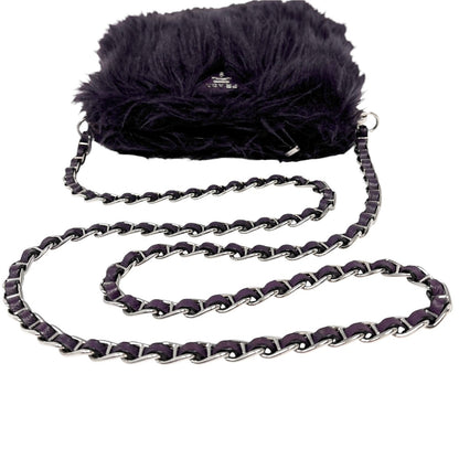 PRADA Vintage Logo Fur Chain Crossbody Bag Purple Silver Zip Leather Rank AB