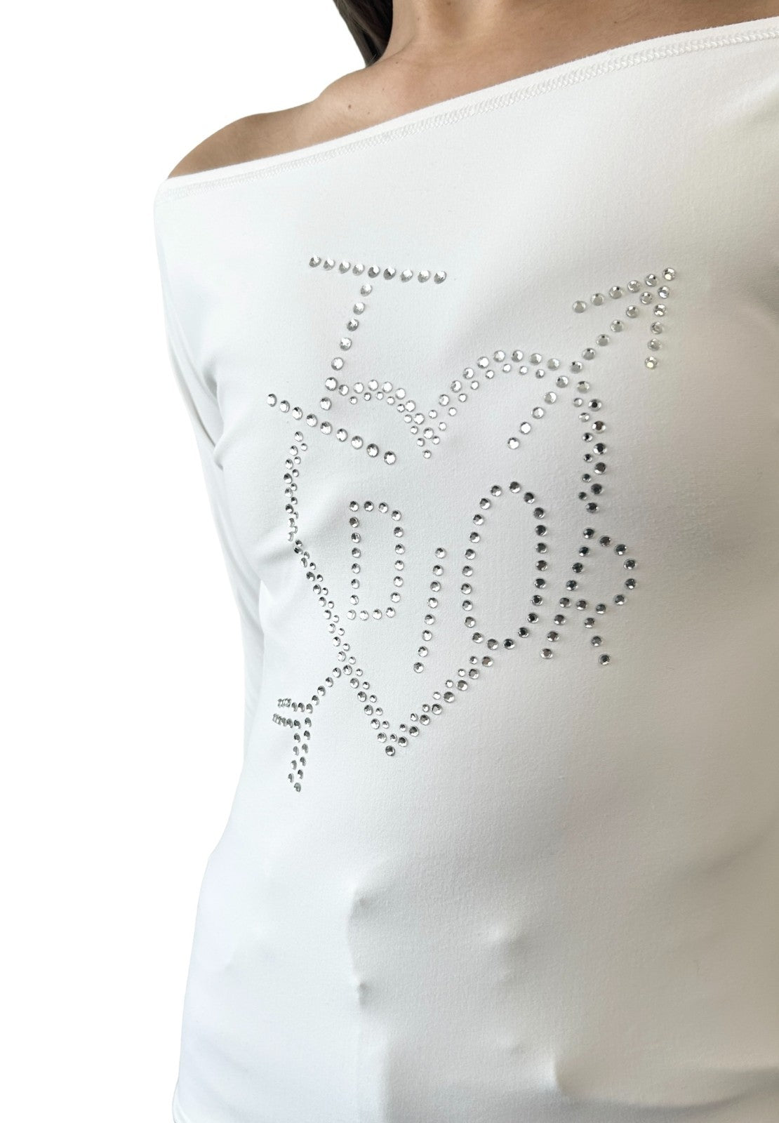 Christian Dior Vintage I Love Logo Rhinestone Top Off Shoulder #38 White Nylon