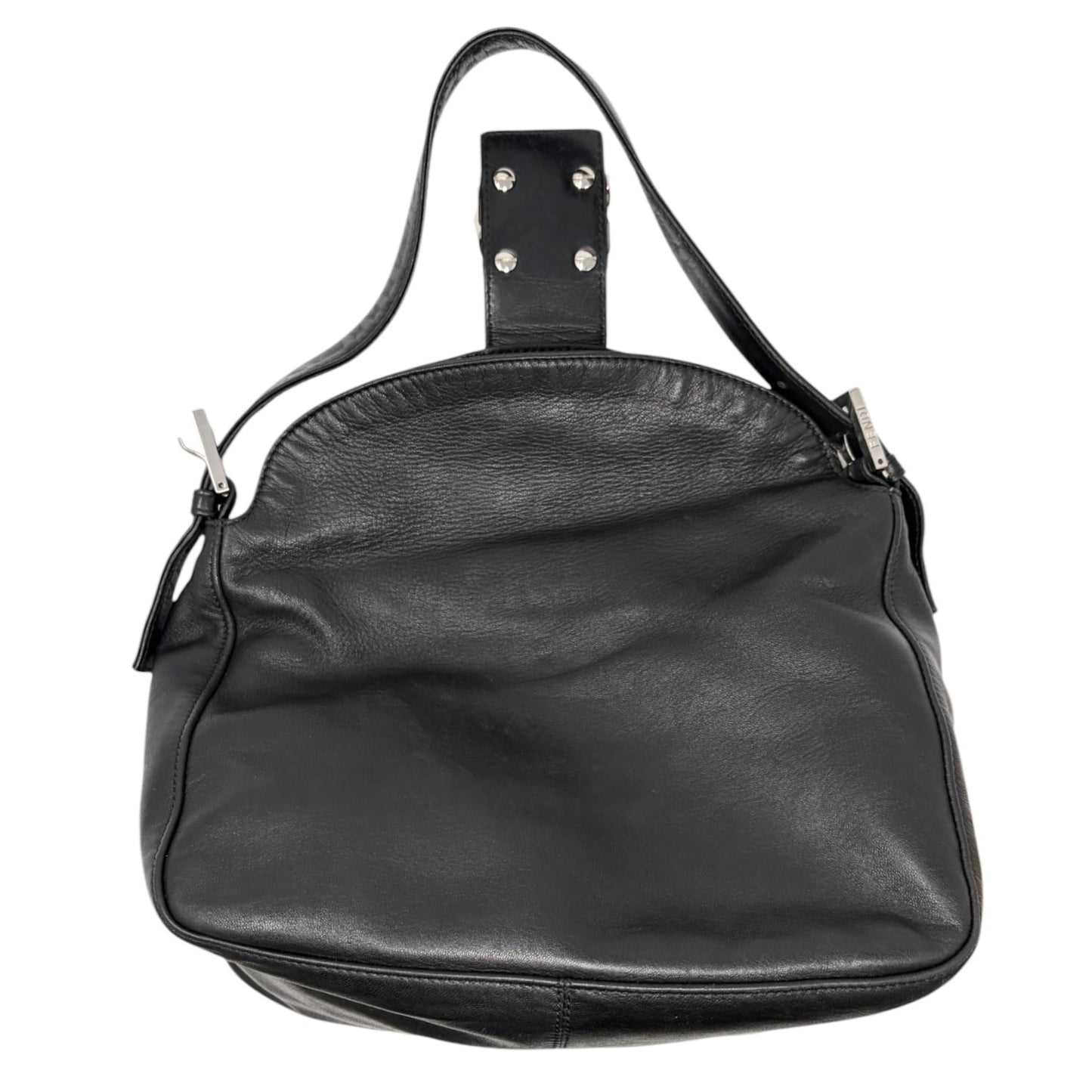 FENDI Vintage FF Logo Shoulder Bag Lambskin Black Silver Leather Metal