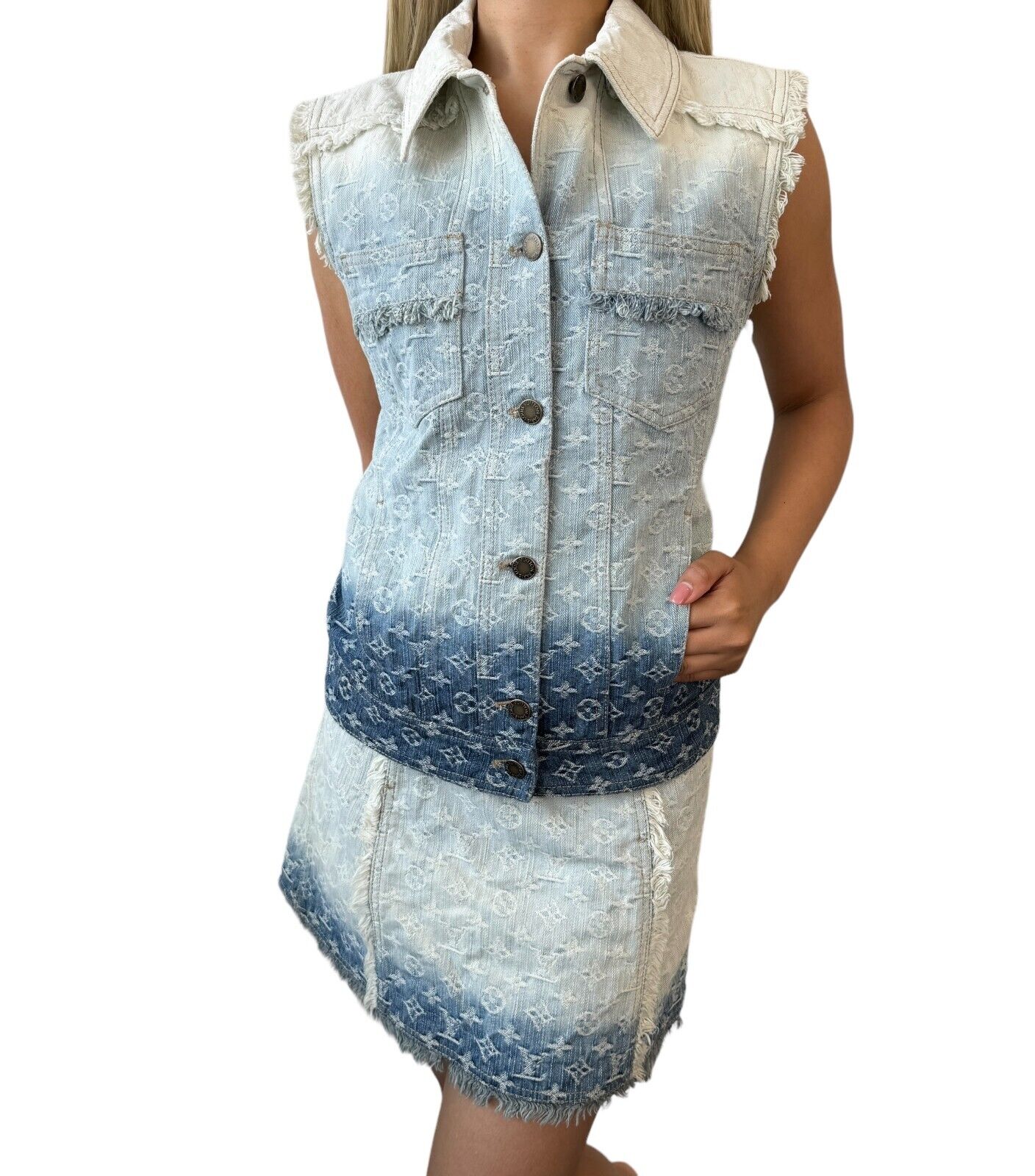 LOUIS VUITTON Vintage Logo Monogram Denim Vest Skirt Set #34 Gradation Rank AB