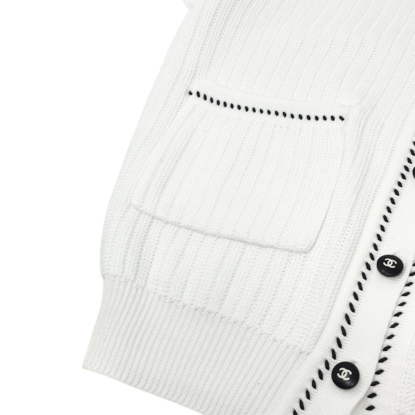 CHANEL Vintage 96P CC Logo Rib Knit Cardigan #38 Top Stitch White Black Cotton