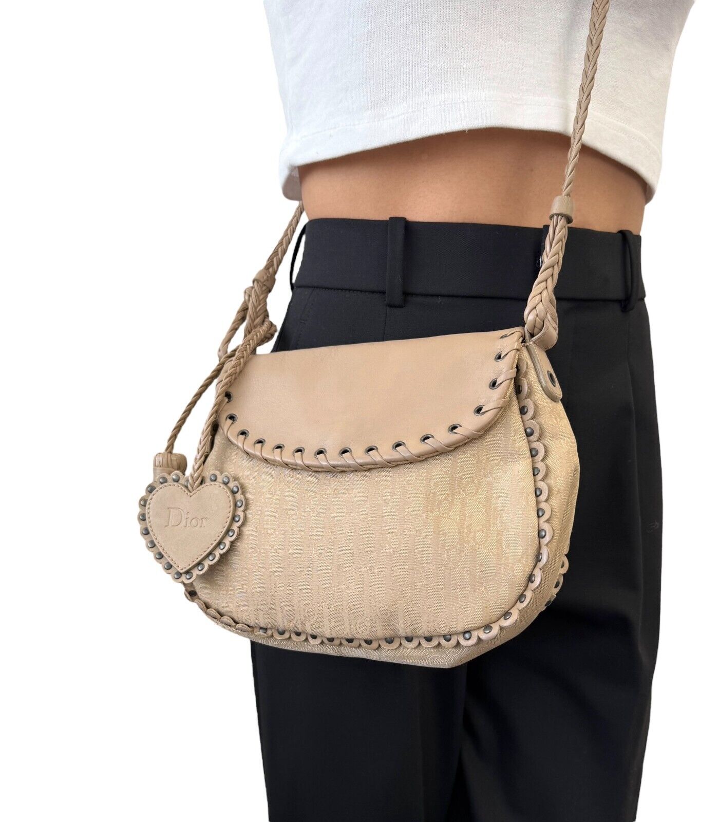 Christian Dior Vintage 2007 Trotter Monogram Crossbody Bag Charm Cream Leather