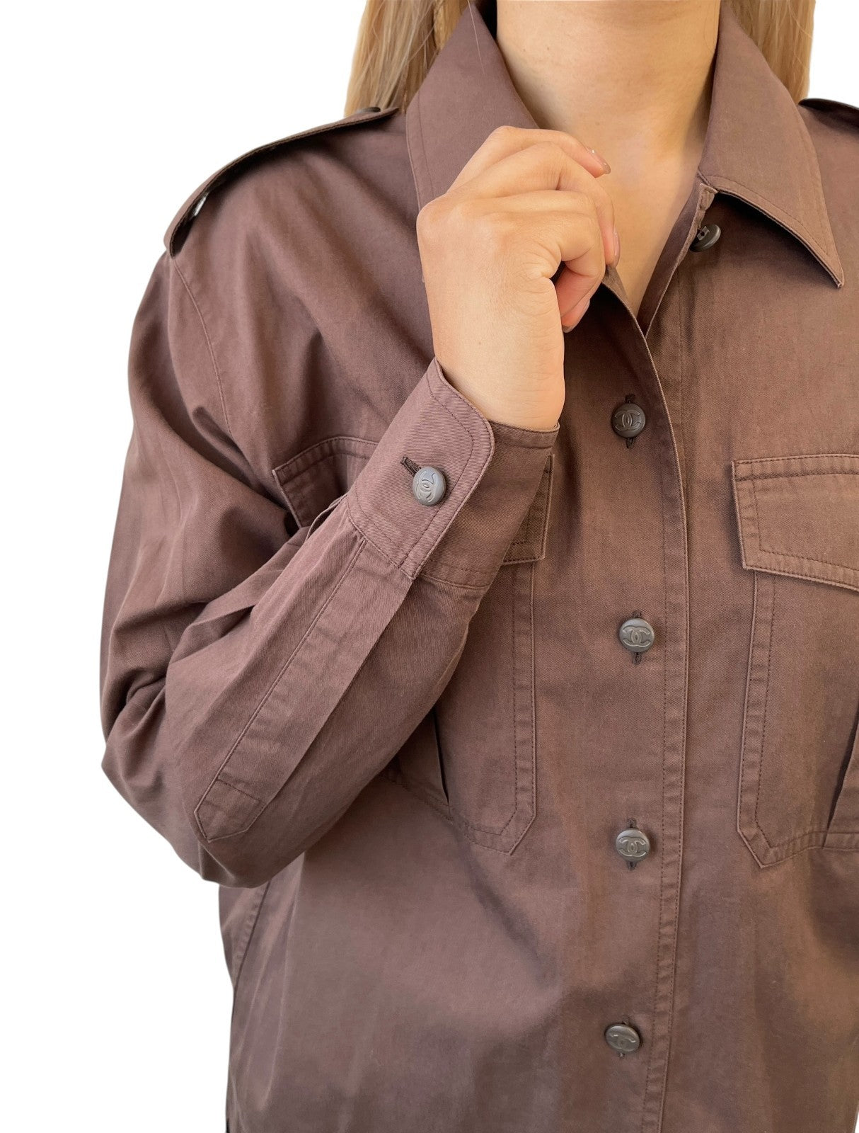 CHANEL Vintage CC Logo Button Up Military Long Sleeve Shirt Brown Cotton