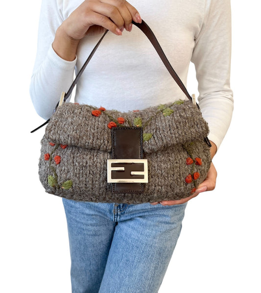 FENDI Vintage FF Mamma Baguette Wool Knit Shoulder Bag Gray Brown Flower
