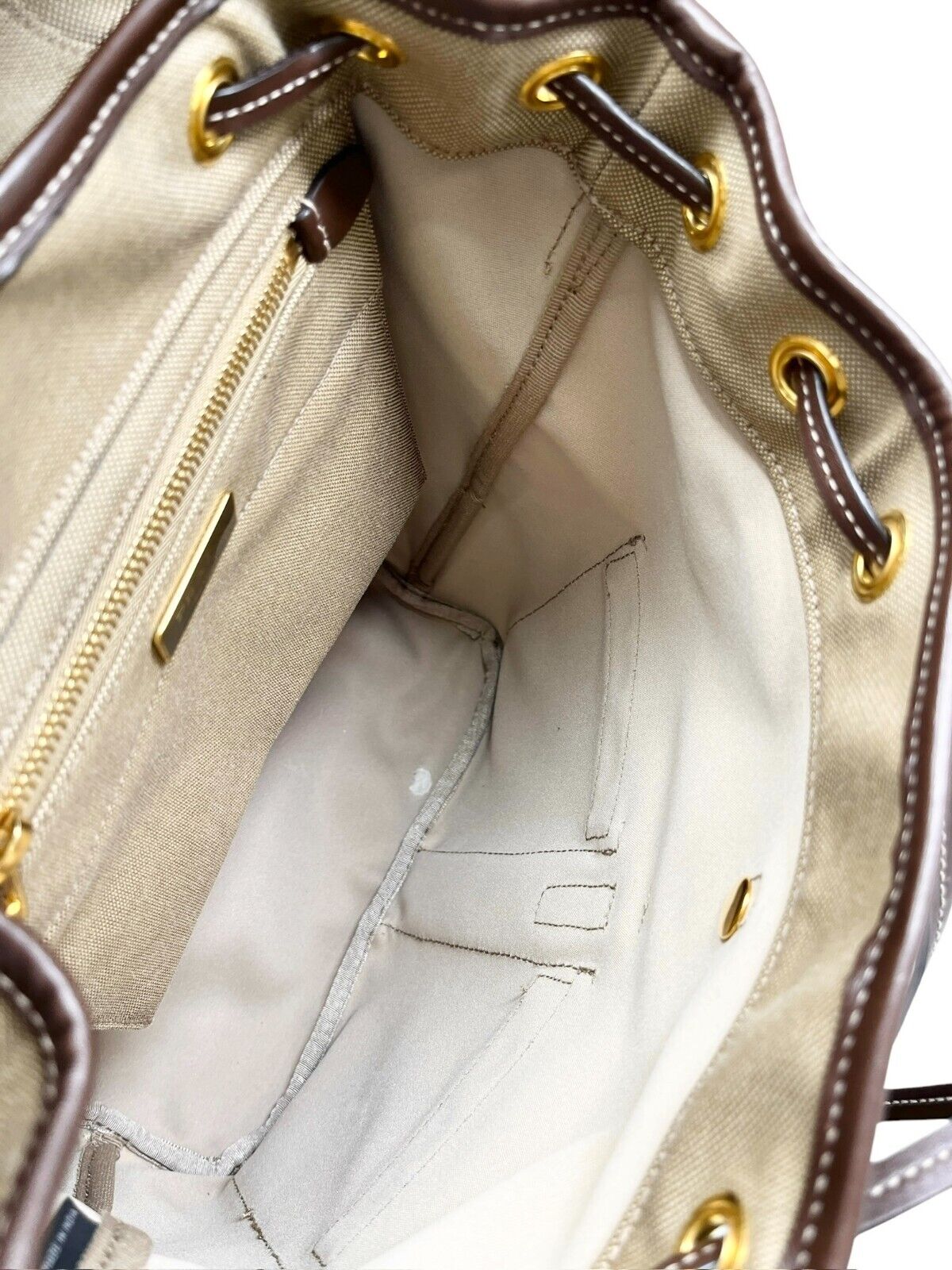 PRADA Vintage Logo Jacquard Backpack Brown Gold Canvas Leather Magnetic Zip