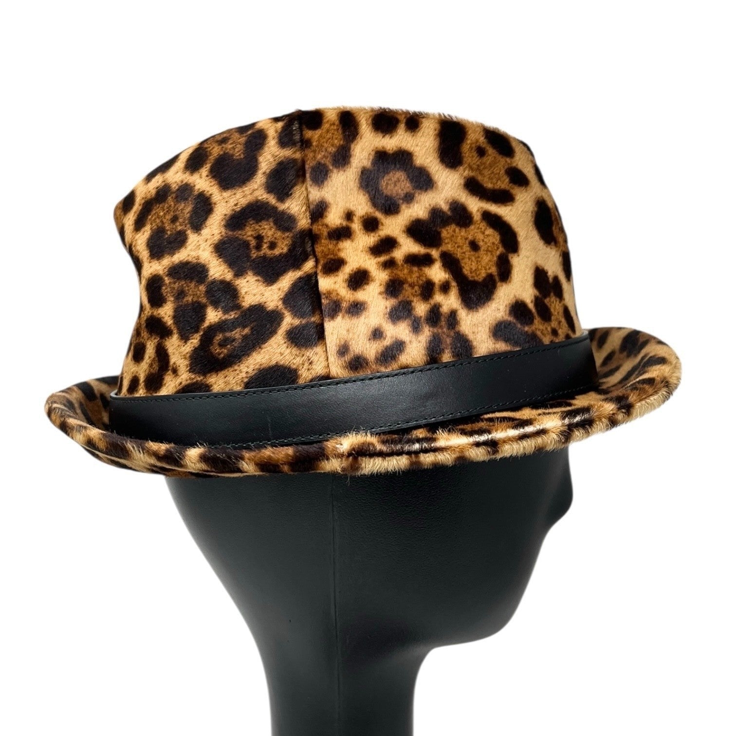 GUCCI Vintage Logo Leopard Pony Calf Hair Hat #M Beige Brown Cotton Belt