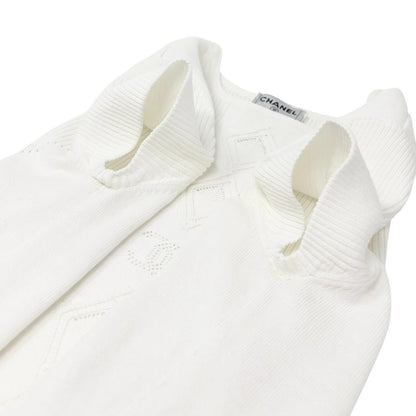 CHANEL Vintage 05P CC Logo Ribbed Knit Top #34 Short Sleeve White Cotton