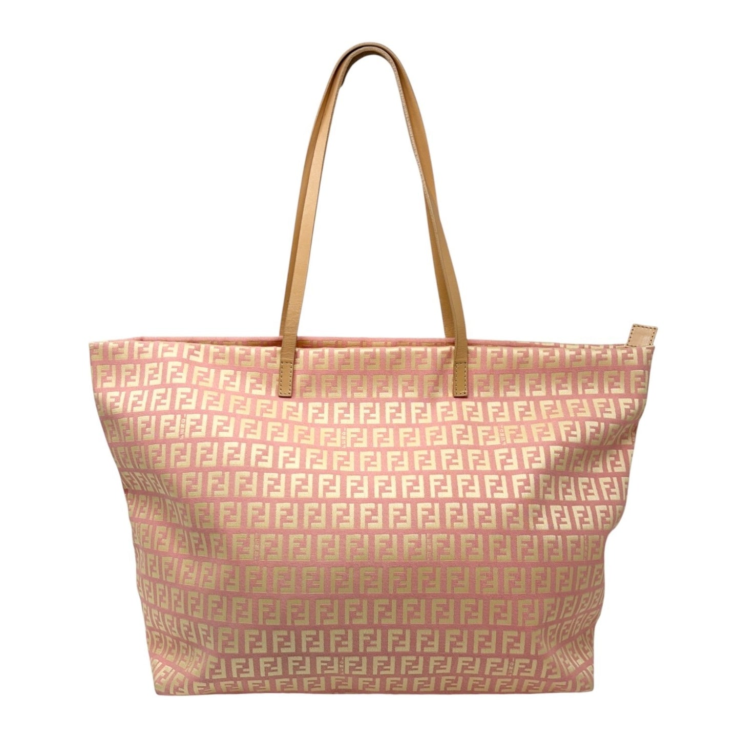 FENDI Vintage FF Logo Zucchino Tote Bag Pink Yellow Canvas Leather 901894