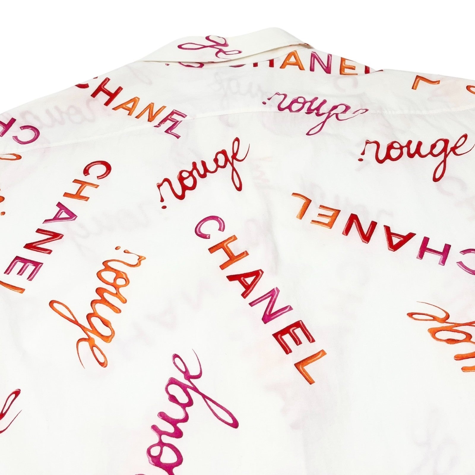 CHANEL Vintage 96P Logo Button Up Shirt Rouge Long Sleeve White Pink Cotton