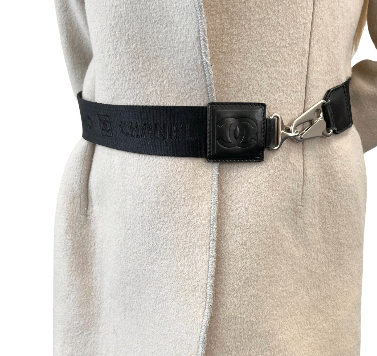 CHANEL Sport Vintage CC Mark Logo Open Front Jacket Belt Beige Black Wool