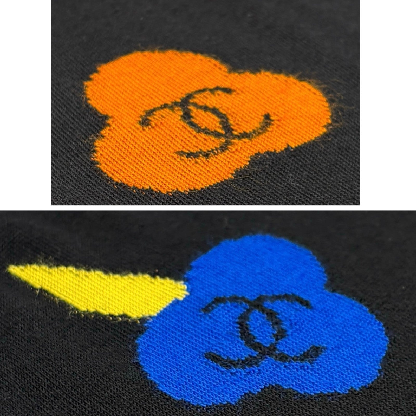 CHANEL Vintage 00T CC Camelia Logo Knit Sweater #42 Black Orange Blue Viscose