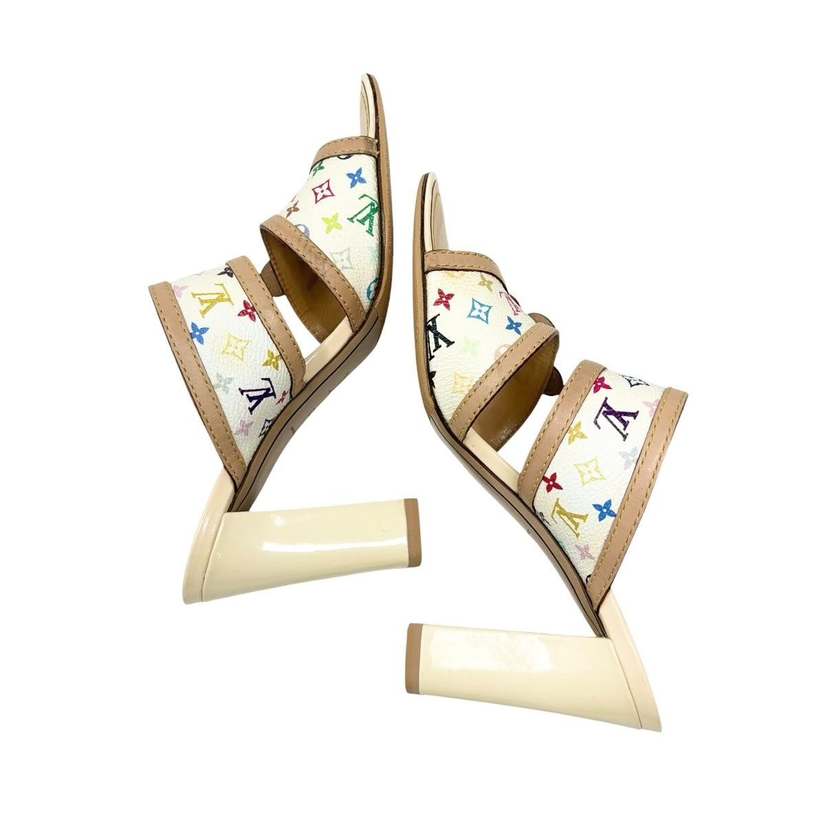 LOUIS VUITTON Vintage Monogram Multicolor Flower Sandals Heels #37 White 902030