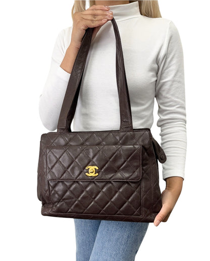 CHANEL Vintage CC Turnlock Quilted Front Pocket Shoulder Tote Bag Brown 902920